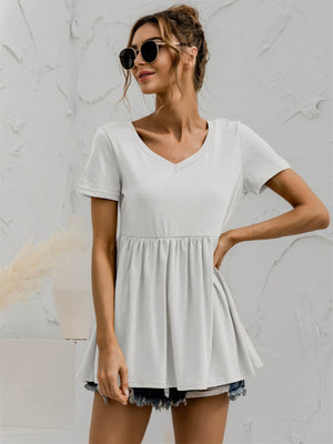V-Neck Short Sleeve Babydoll Top-Teresa's Fashionista LLC