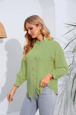 Mock Neck Buttoned Long Sleeve Shirt-Teresa's Fashionista LLC