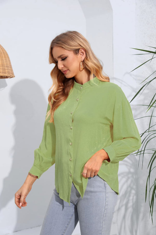 Mock Neck Buttoned Long Sleeve Shirt-Teresa's Fashionista LLC