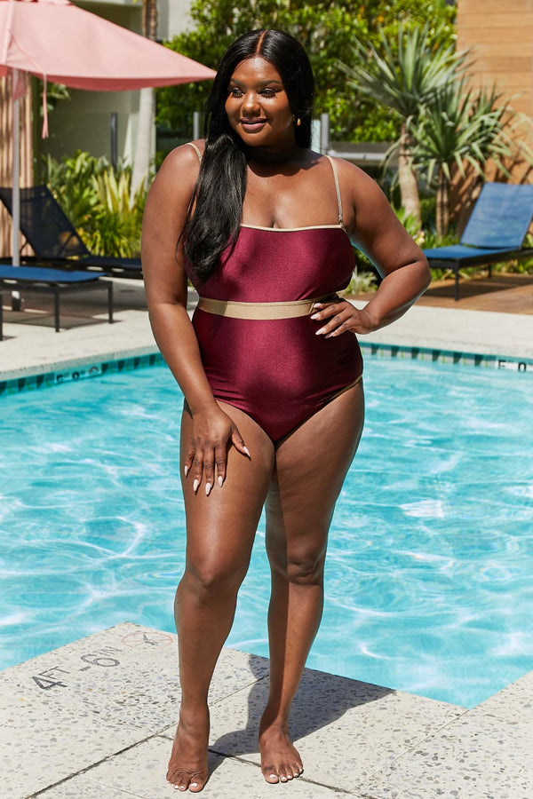 Marina West Swim Wave Break Contrast Trim One-Piece in Wine-Teresa's Fashionista LLC