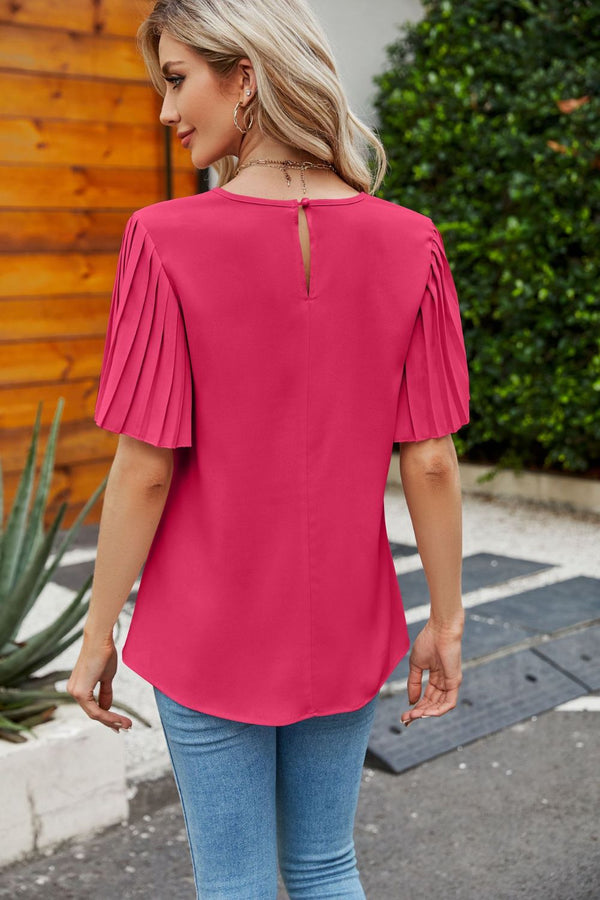 Pleated Flutter Sleeve Round Neck Blouse-Teresa's Fashionista LLC