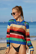 Rainbow Stripe Openwork Long Sleeve Cover-Up-Teresa's Fashionista LLC