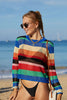 Rainbow Stripe Openwork Long Sleeve Cover-Up-Teresa's Fashionista LLC