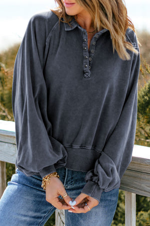 Quarter-Snap Collared Lantern Sleeve Sweatshirt-Teresa's Fashionista LLC