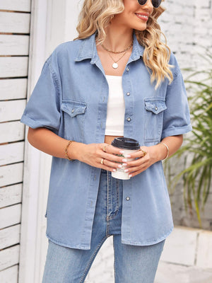 Collared Neck Short Sleeve Denim Jacket-Teresa's Fashionista LLC