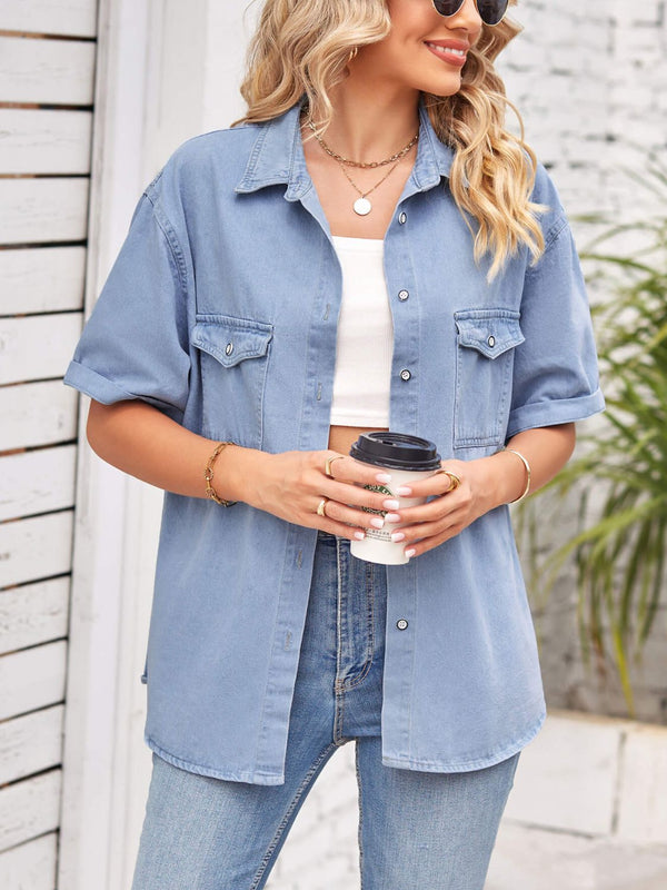 Collared Neck Short Sleeve Denim Jacket-Teresa's Fashionista LLC