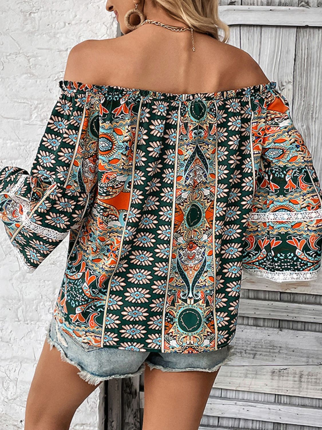 Printed Frill Trim Off-Shoulder Blouse-Teresa&#39;s Fashionista LLC