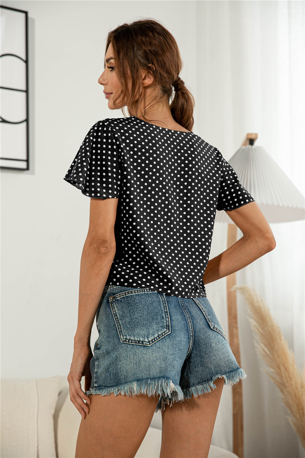 Decorative Button V-Neck Tied Blouse-Teresa&#39;s Fashionista LLC