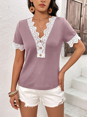 Decorative Button Spliced Lace Short Sleeve Top-Teresa's Fashionista LLC