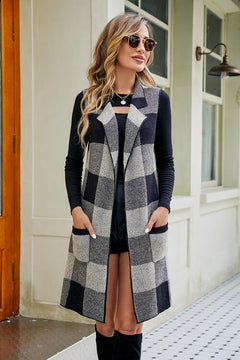 Plaid Open Front Sleeveless Cardigan with Pockets-Teresa's Fashionista LLC