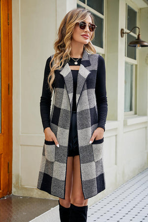 Plaid Open Front Sleeveless Cardigan with Pockets-Teresa's Fashionista LLC