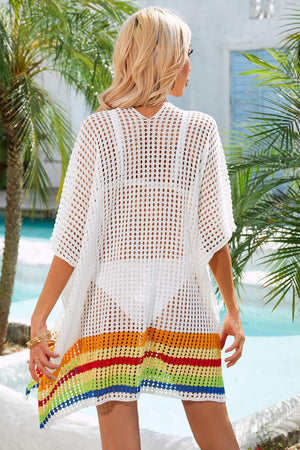 Rainbow Stripe Openwork Slit Cover-Up-Teresa's Fashionista LLC