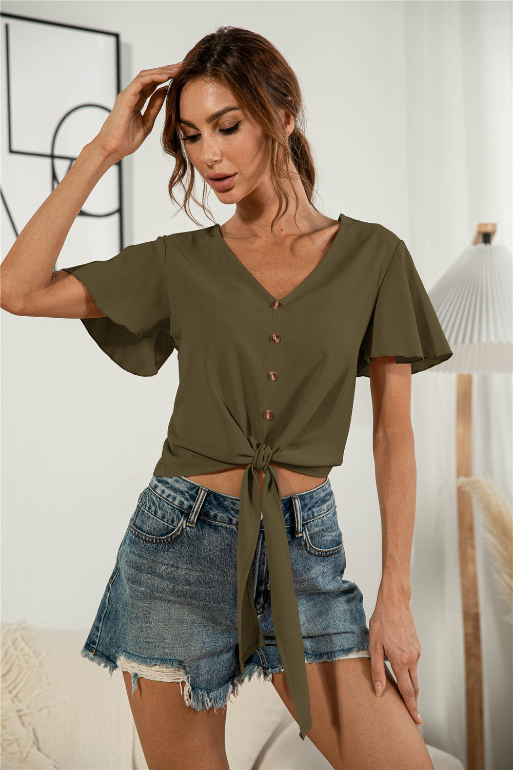 Decorative Button V-Neck Tied Blouse-Teresa&#39;s Fashionista LLC