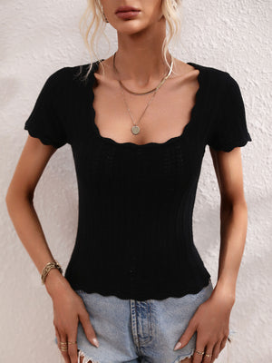 Scalloped Hem Square Neck Knit Top-Teresa's Fashionista LLC