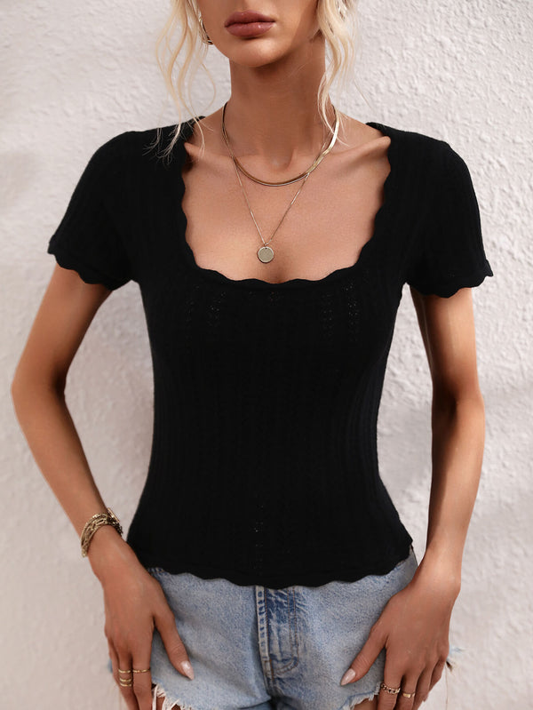 Scalloped Hem Square Neck Knit Top-Teresa's Fashionista LLC