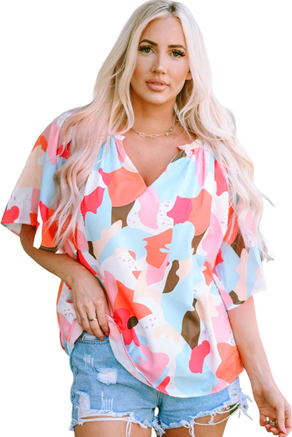 Printed Notched Neck Half Sleeve Blouse-Teresa's Fashionista LLC