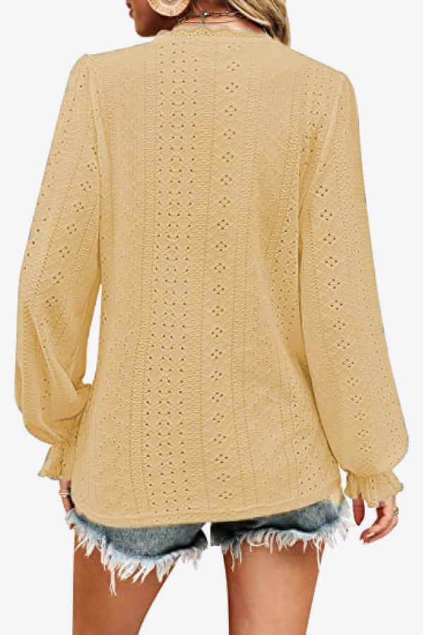 Eyelet V-Neck Flounce Sleeve Blouse-Teresa's Fashionista LLC