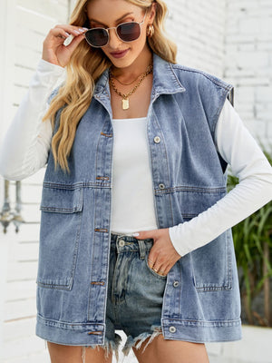Collared Neck Sleeveless Denim Top with Pockets-Teresa's Fashionista LLC