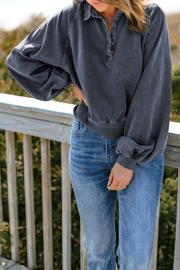 Quarter-Snap Collared Lantern Sleeve Sweatshirt-Teresa's Fashionista LLC