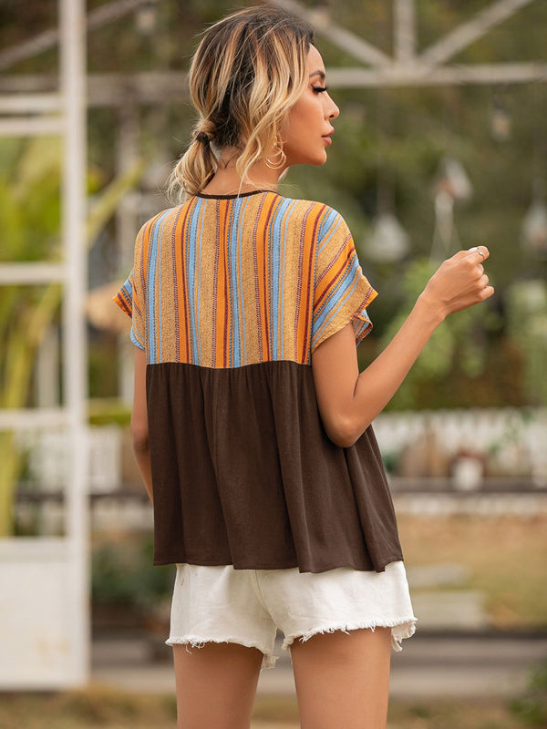 Striped Tie Neck Short Sleeve Blouse-Teresa's Fashionista LLC