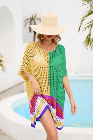 Contrast Scoop Neck Openwork Half Sleeve Cover Up-Teresa's Fashionista LLC
