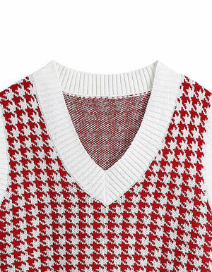 Houndstooth V-Neck Sweater Vet-Teresa's Fashionista LLC