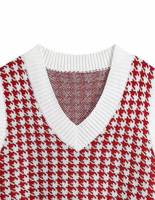 Houndstooth V-Neck Sweater Vet-Teresa&#39;s Fashionista LLC