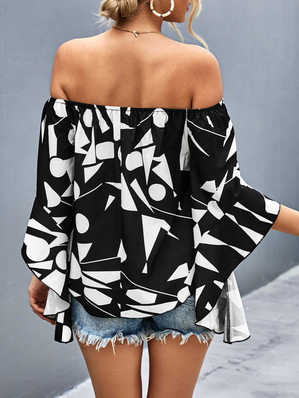 Printed Off-Shoulder Bell Sleeve Blouse-Teresa's Fashionista LLC