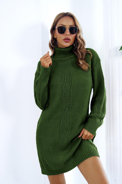 Openwork Turtleneck Long Sleeve Sweater Dress-Teresa&#39;s Fashionista LLC