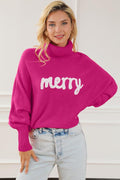 Merry Letter Embroidered High Neck Sweater-Teresa's Fashionista LLC