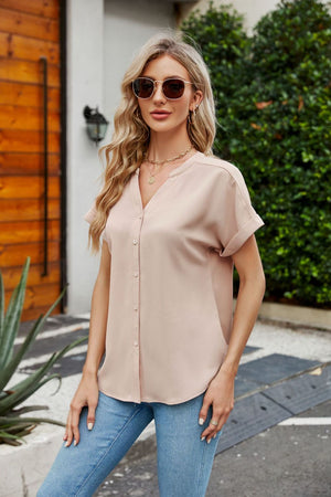 Notched Neck Cuffed Sleeve Shirt-Teresa's Fashionista LLC