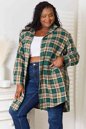 Double Take Plaid Collared Neck Long Sleeve Shirt-Teresa's Fashionista LLC