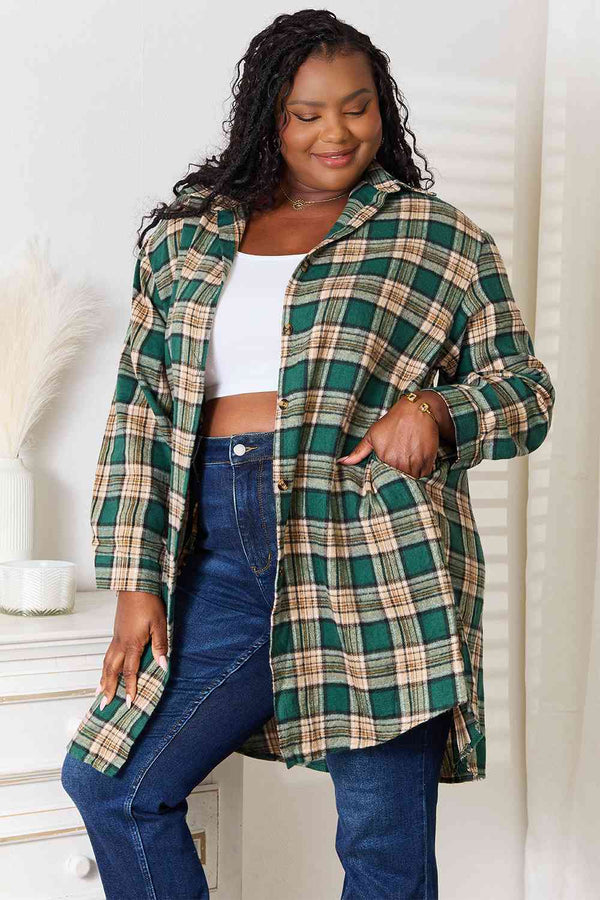 Double Take Plaid Collared Neck Long Sleeve Shirt-Teresa's Fashionista LLC