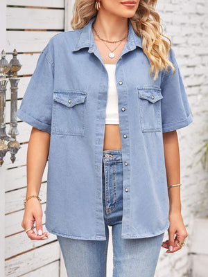 Collared Neck Short Sleeve Denim Jacket-Teresa's Fashionista LLC