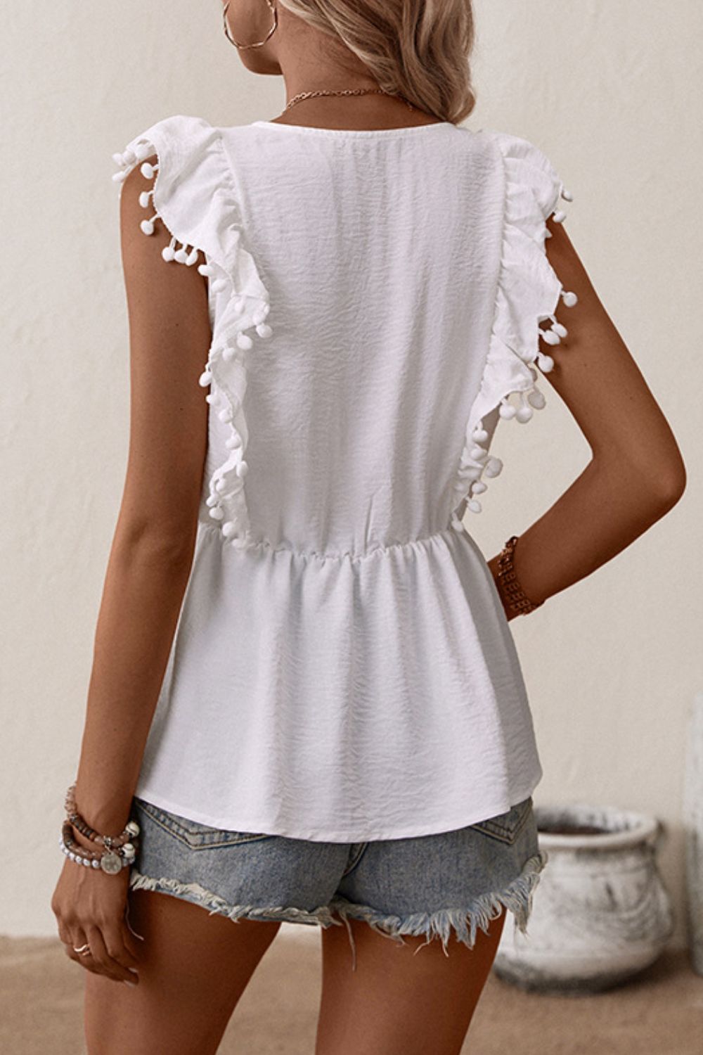 Embroidered Pom-Pom Trim Cap Sleeve Babydoll Top-Teresa's Fashionista LLC