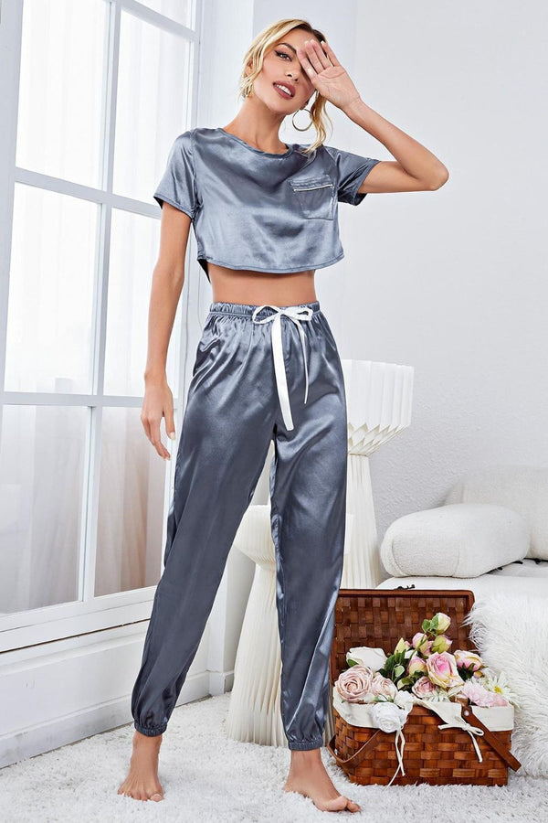 Satin Short Sleeve Crop Top and Joggers Lounge Set-Teresa's Fashionista LLC