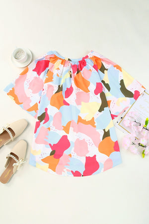 Printed Notched Neck Half Sleeve Blouse-Teresa's Fashionista LLC