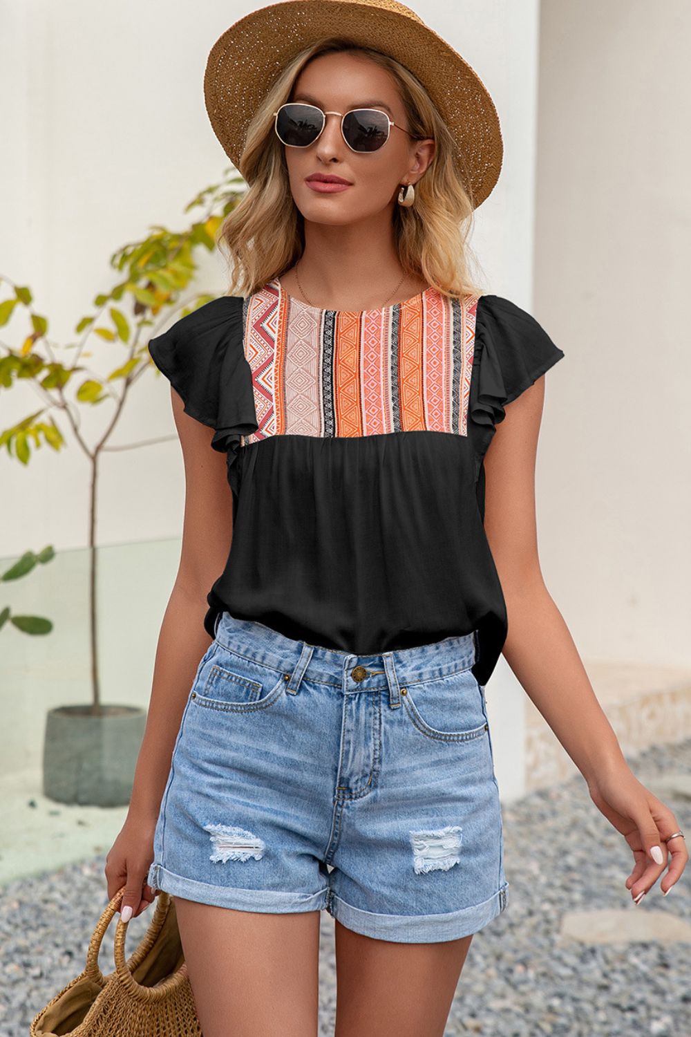 Contrast Print Butterfly Sleeve Top-Teresa's Fashionista LLC