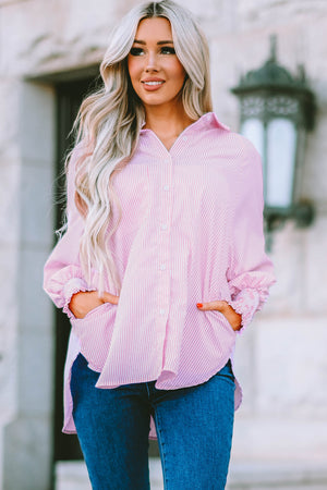 Striped Lantern Sleeve Collared Shirt-Teresa's Fashionista LLC