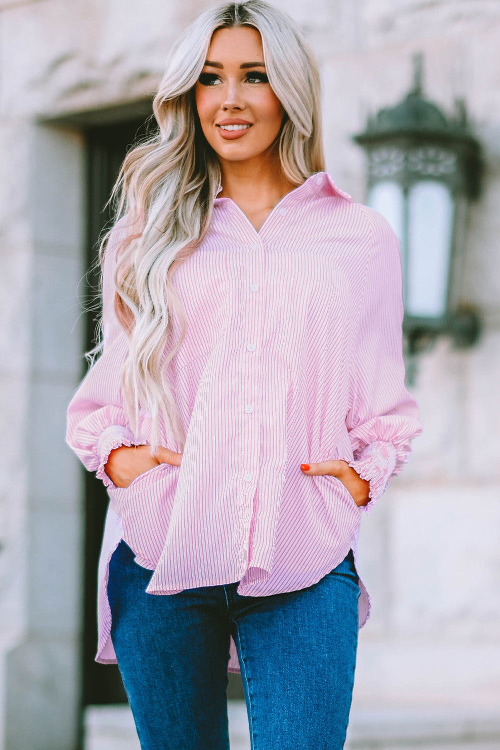 Striped Lantern Sleeve Collared Shirt-Teresa&#39;s Fashionista LLC