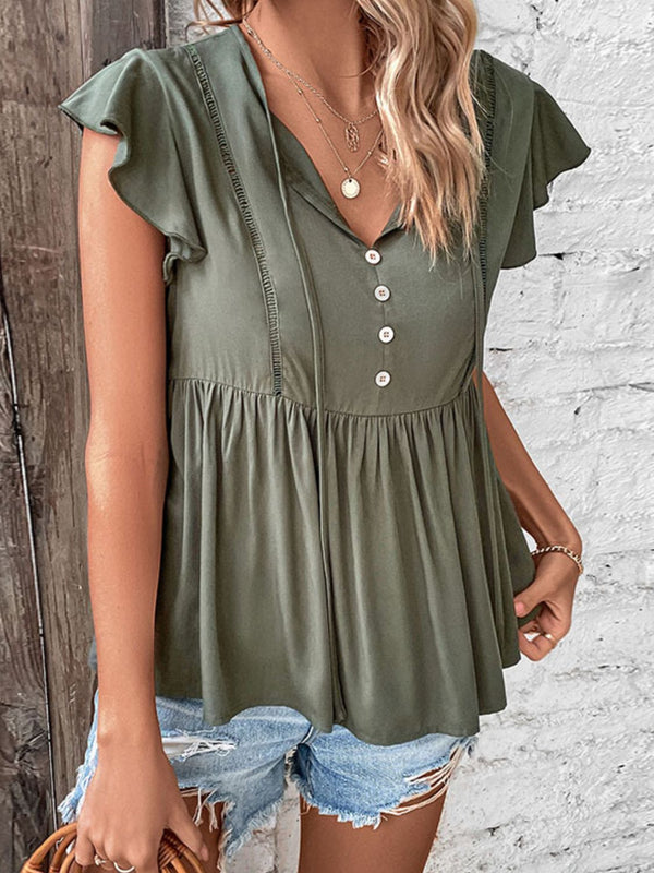 Buttoned Tie Neck Flutter Sleeve Babydoll Top-Teresa's Fashionista LLC