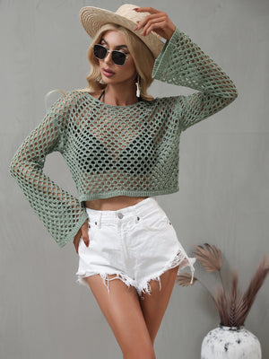 Openwork Flare Sleeve Cropped Cover Up-Teresa's Fashionista LLC