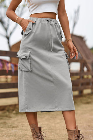Drawstring Waist Slit Denim Skirt-Teresa's Fashionista LLC
