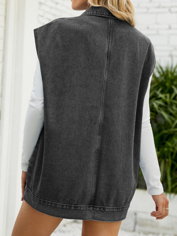 Collared Neck Sleeveless Denim Top with Pockets-Teresa's Fashionista LLC