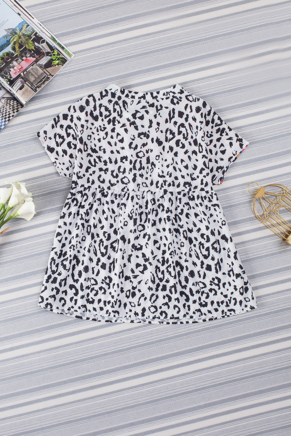 Leopard Tassel Tie Short Sleeve Top-Teresa&#39;s Fashionista LLC