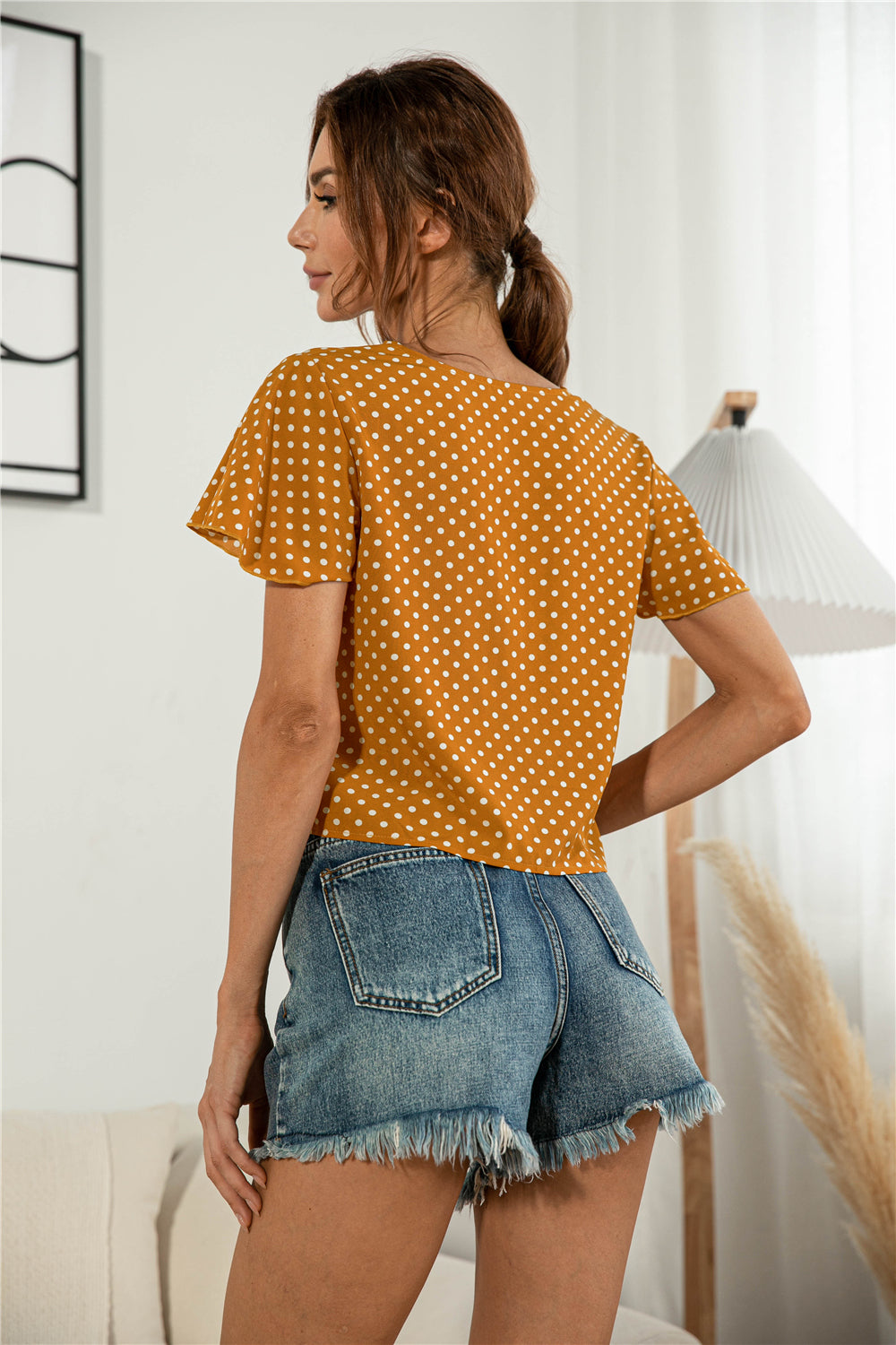 Decorative Button V-Neck Tied Blouse-Teresa&#39;s Fashionista LLC