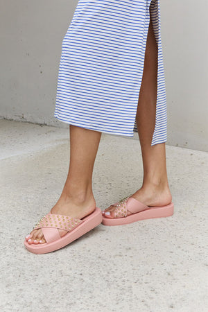 Forever Link Studded Cross Strap Sandals in Blush-Teresa's Fashionista LLC