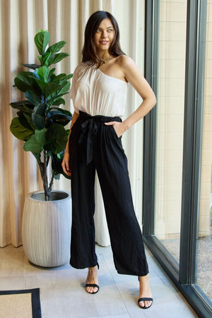 Dress Day Marvelous in Manhattan One-Shoulder Jumpsuit in White/Black-Teresa's Fashionista LLC