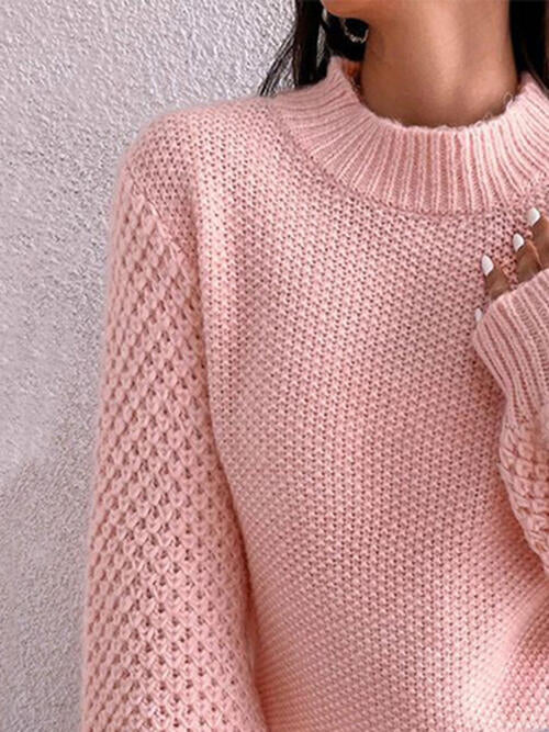 Openwork Mock Neck Long Sleeve Sweater-Teresa's Fashionista LLC