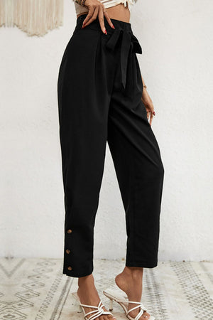 Buttoned Tie-Waist Cropped Pants-Teresa's Fashionista LLC